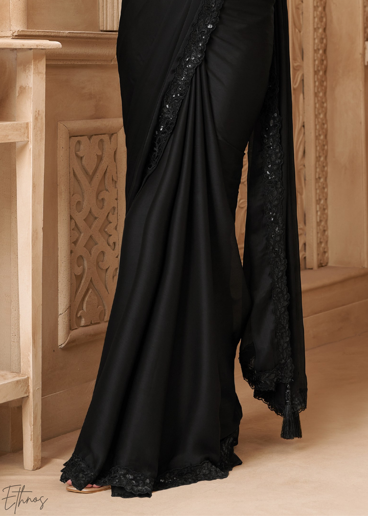 Obsidian Black Classic Border Satin Georgette Saree