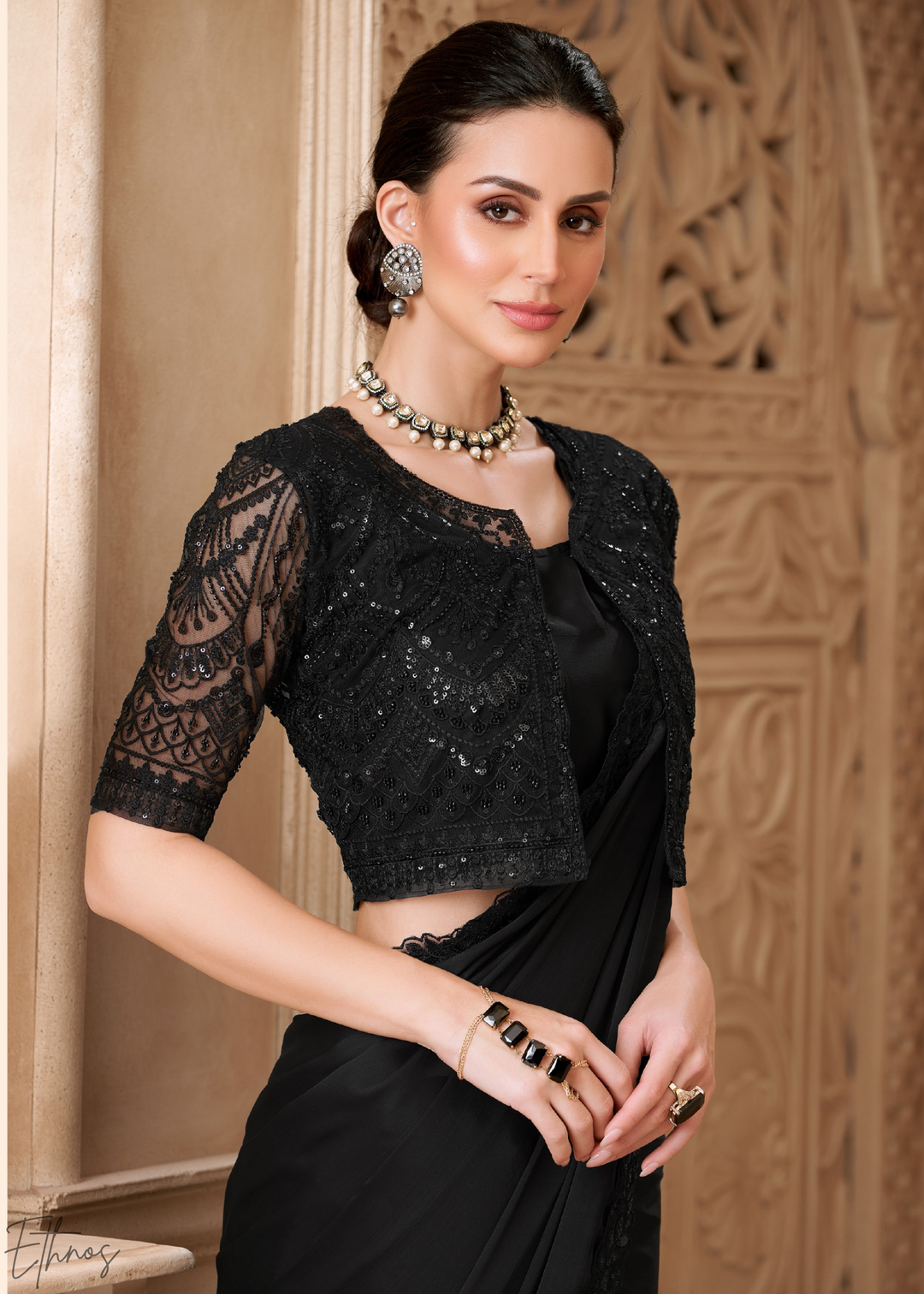 Obsidian Black Classic Border Satin Georgette Saree