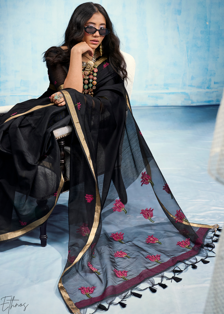 Obsidian Black Rose Jamdani Munga Cotton Saree