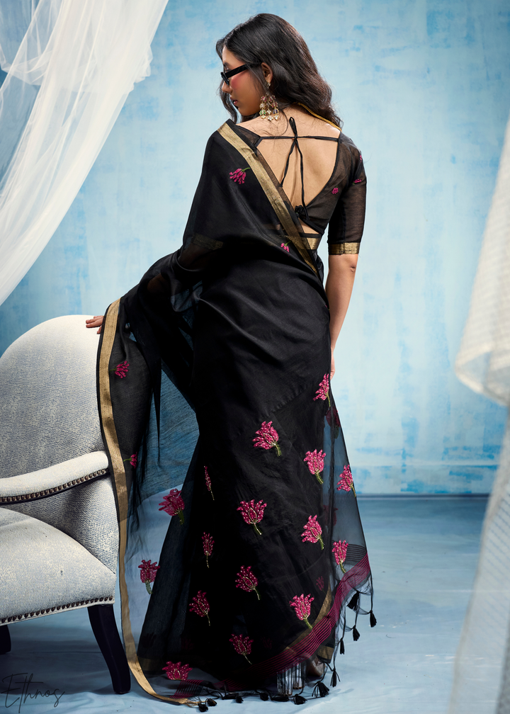 Obsidian Black Rose Jamdani Munga Cotton Saree