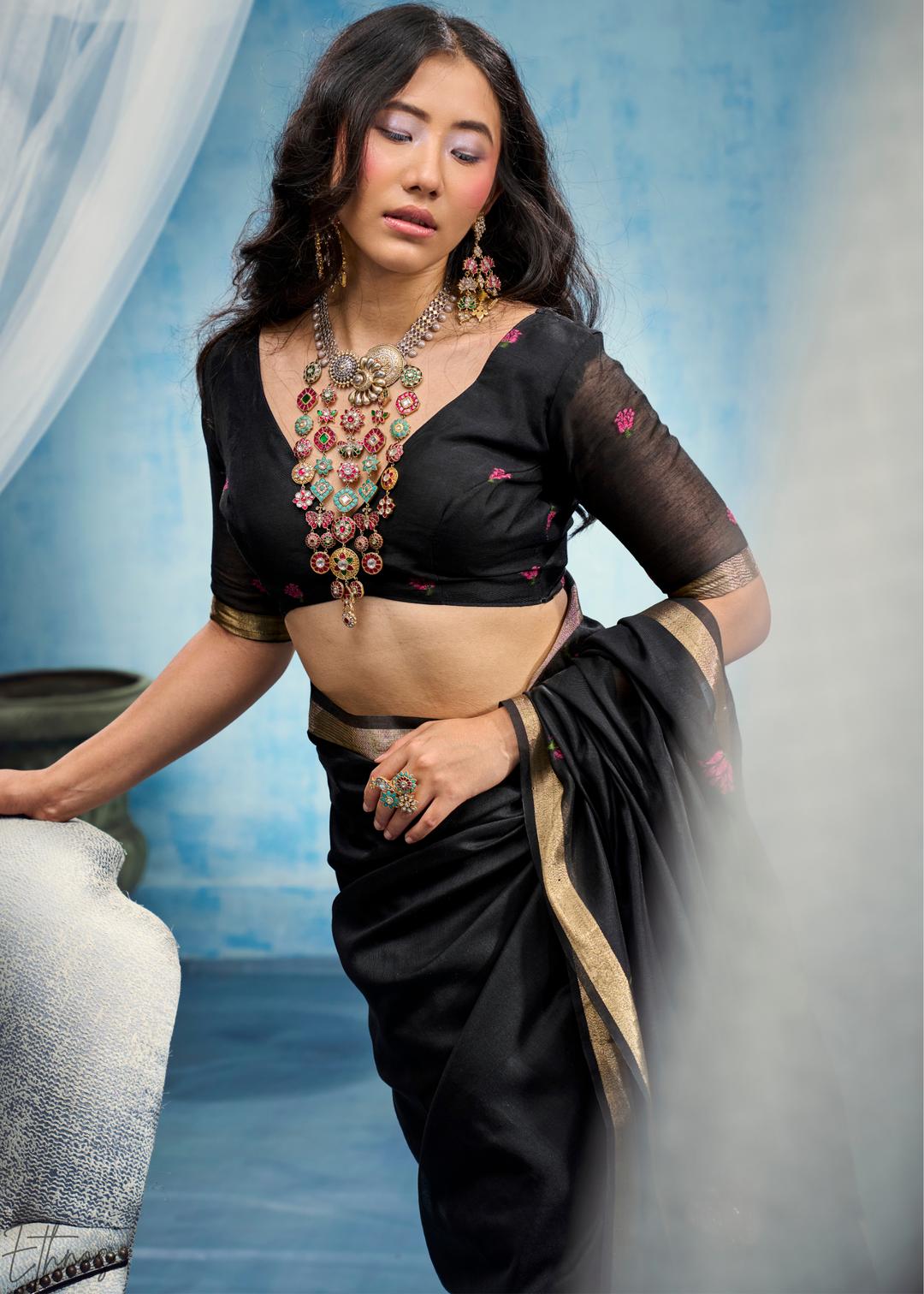 Obsidian Black Rose Jamdani Munga Cotton Saree