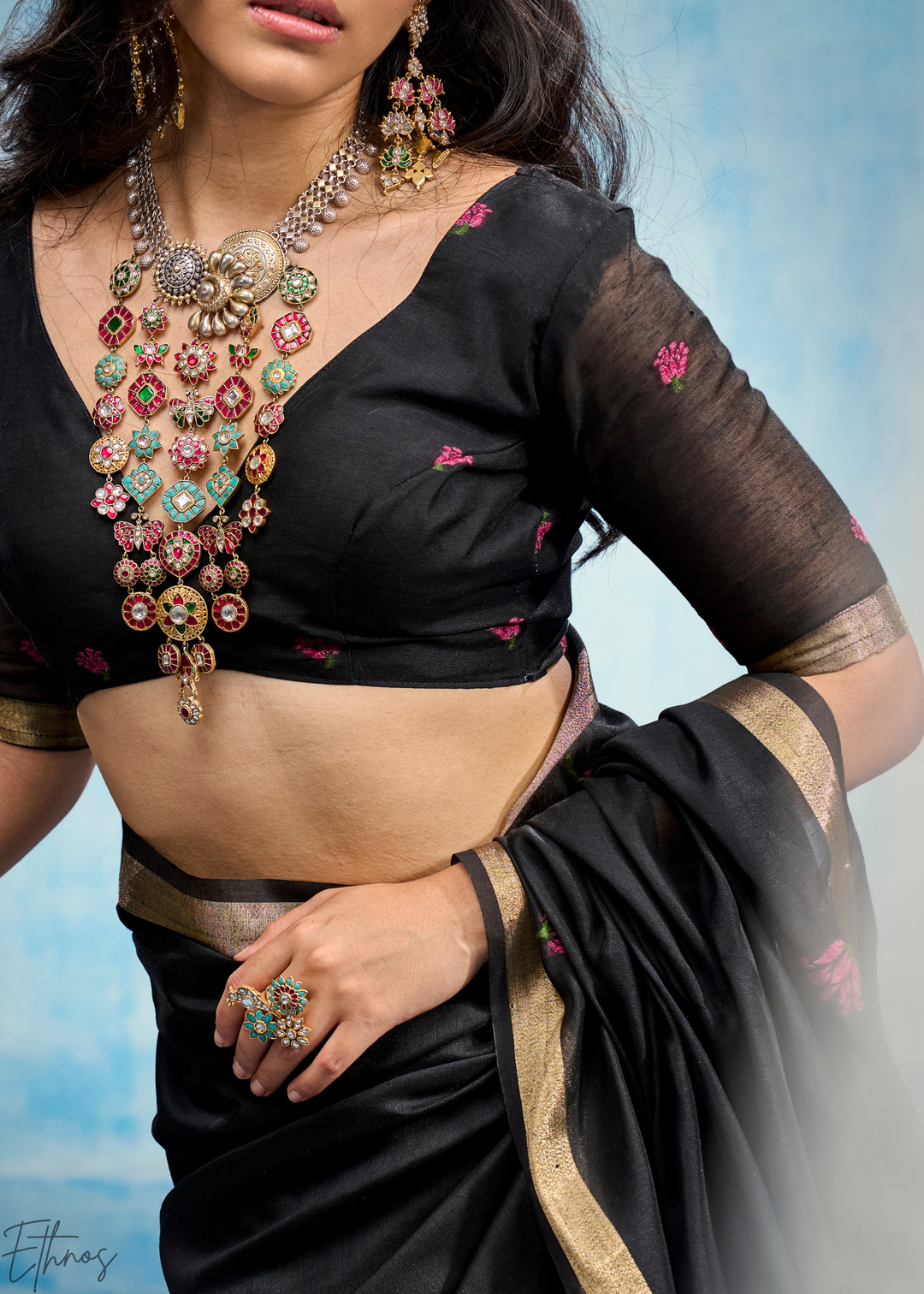 Obsidian Black Rose Jamdani Munga Cotton Saree