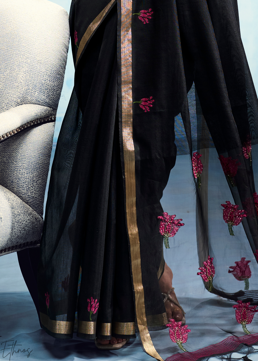 Obsidian Black Rose Jamdani Munga Cotton Saree