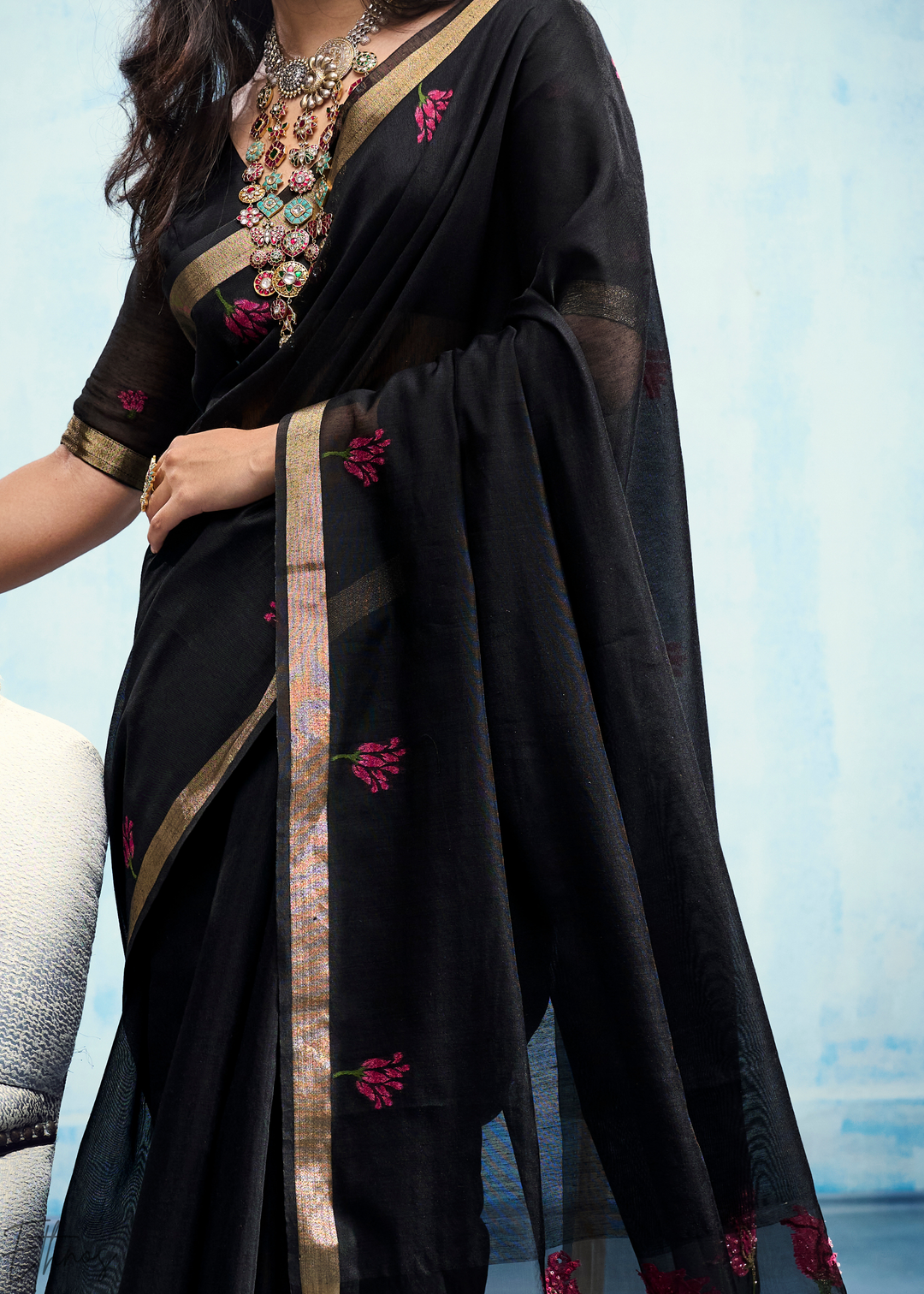 Obsidian Black Rose Jamdani Munga Cotton Saree