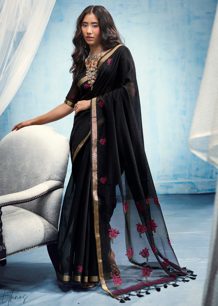Obsidian Black Rose Jamdani Munga Cotton Saree