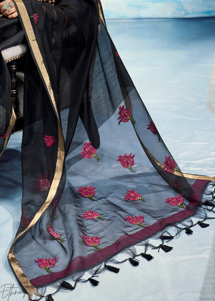 Obsidian Black Rose Jamdani Munga Cotton Saree