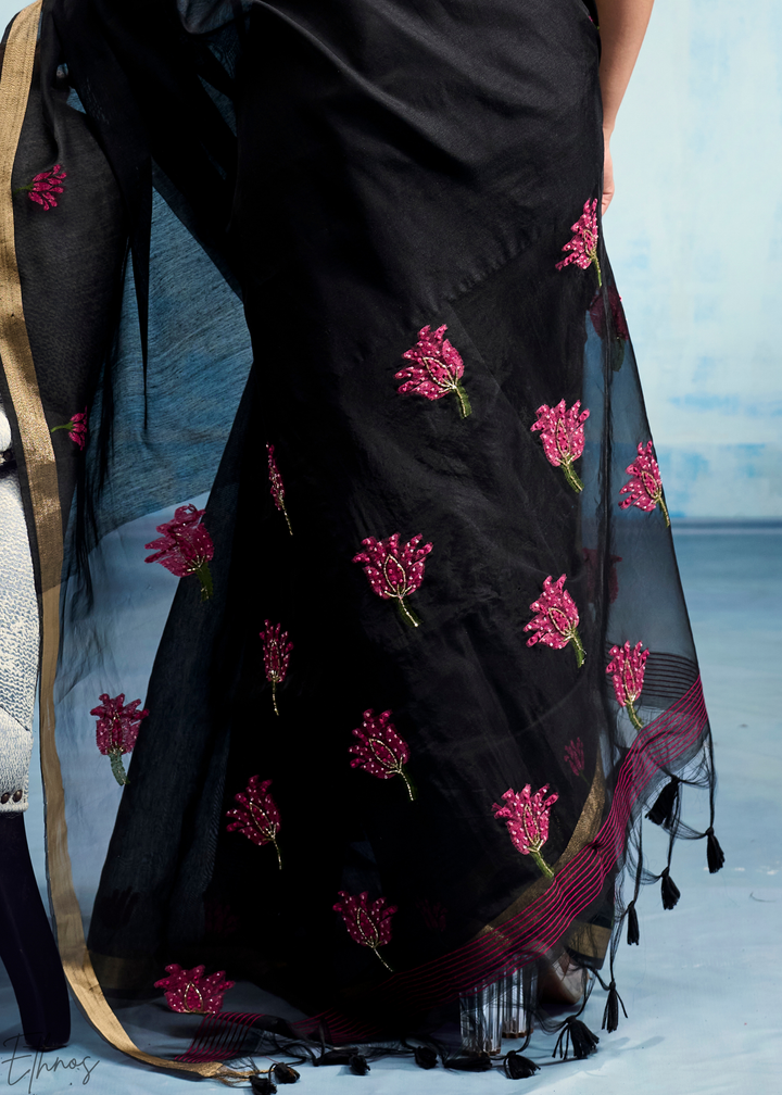 Obsidian Black Rose Jamdani Munga Cotton Saree