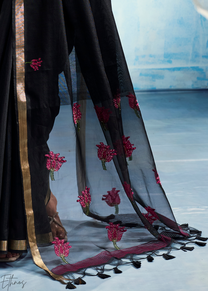Obsidian Black Rose Jamdani Munga Cotton Saree