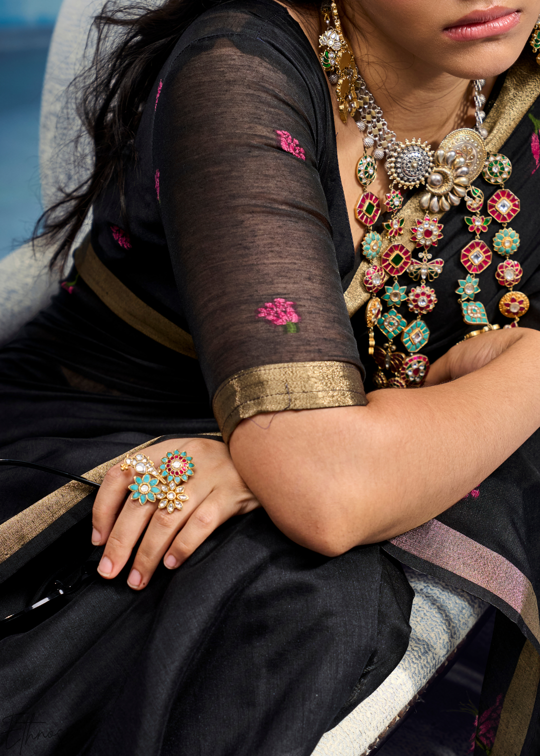Obsidian Black Rose Jamdani Munga Cotton Saree