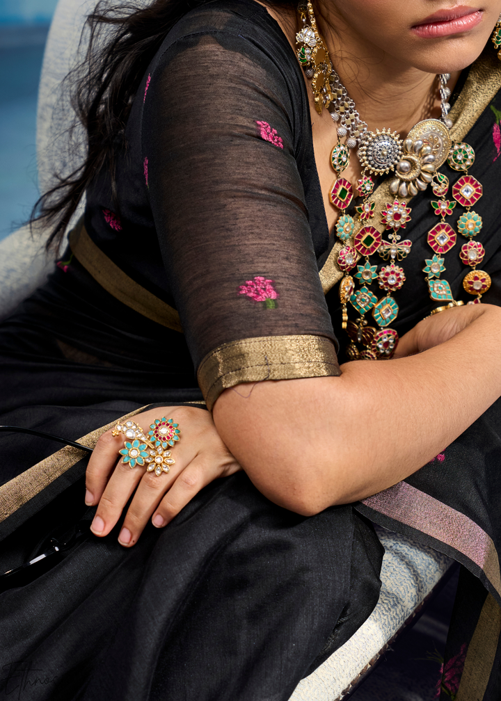 Obsidian Black Rose Jamdani Munga Cotton Saree