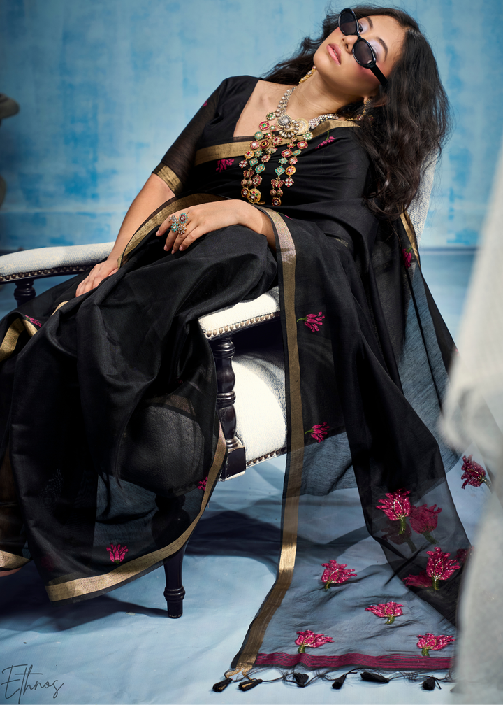 Obsidian Black Rose Jamdani Munga Cotton Saree