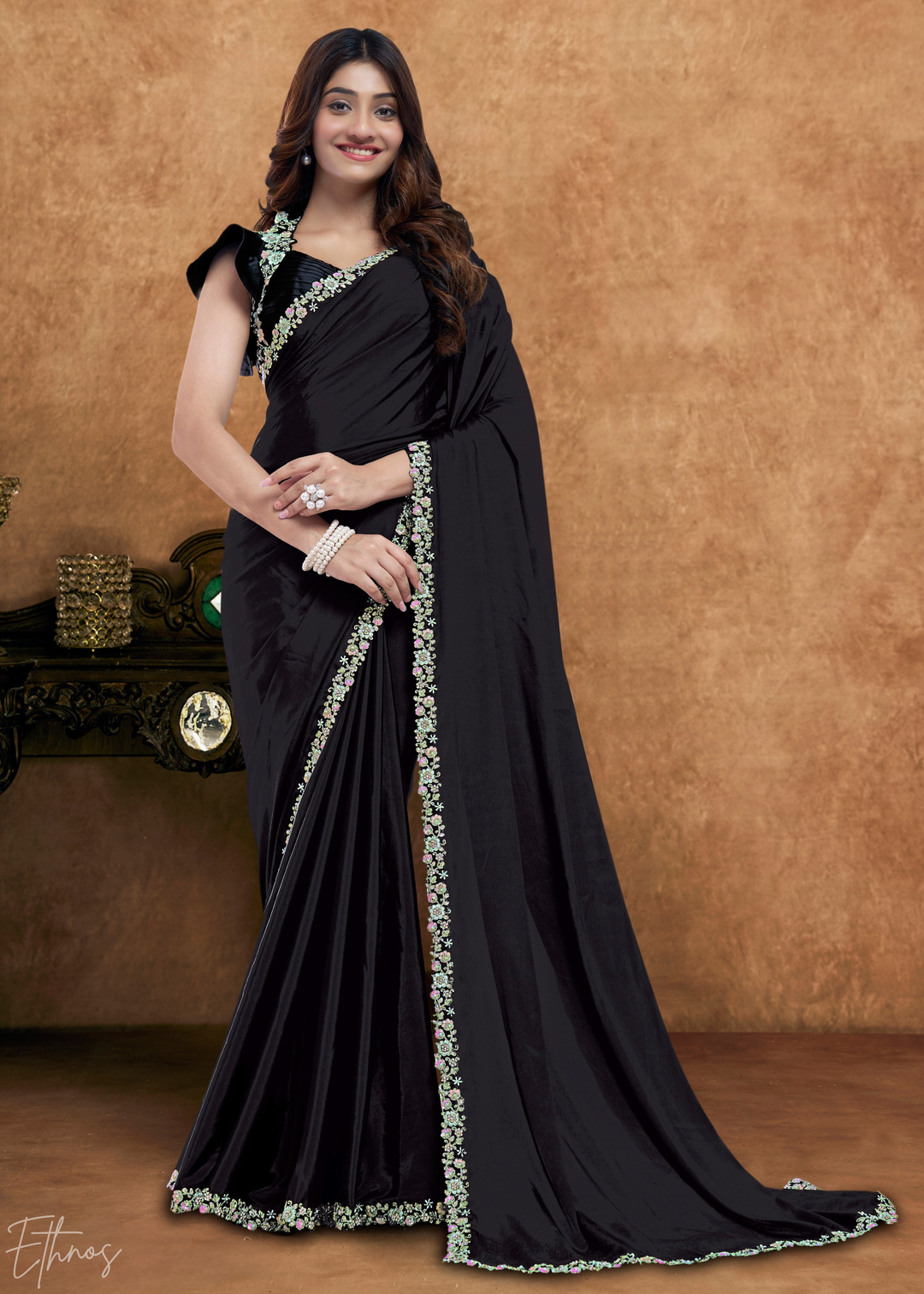 Obsidian Black Sequin Embroidered Organza Satin Saree