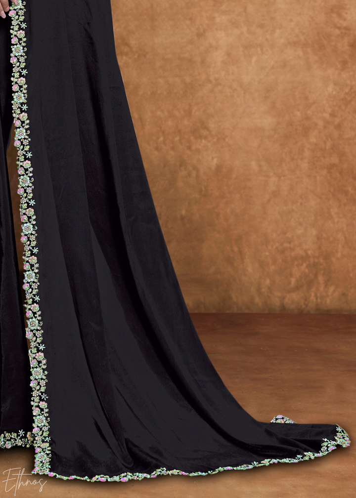 Obsidian Black Sequin Embroidered Organza Satin Saree