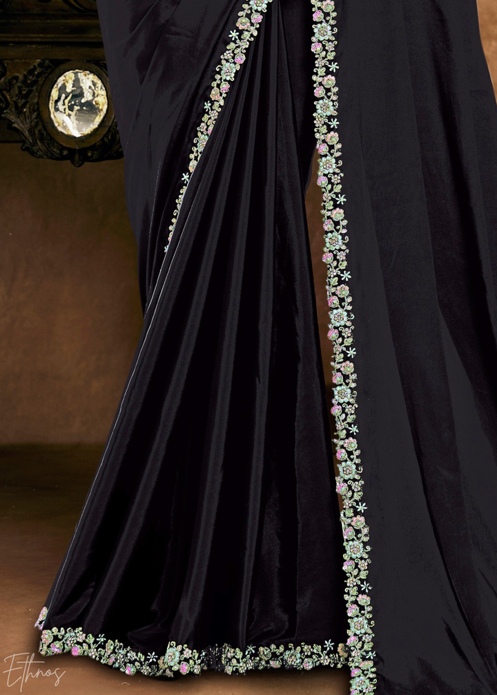 Obsidian Black Sequin Embroidered Organza Satin Saree