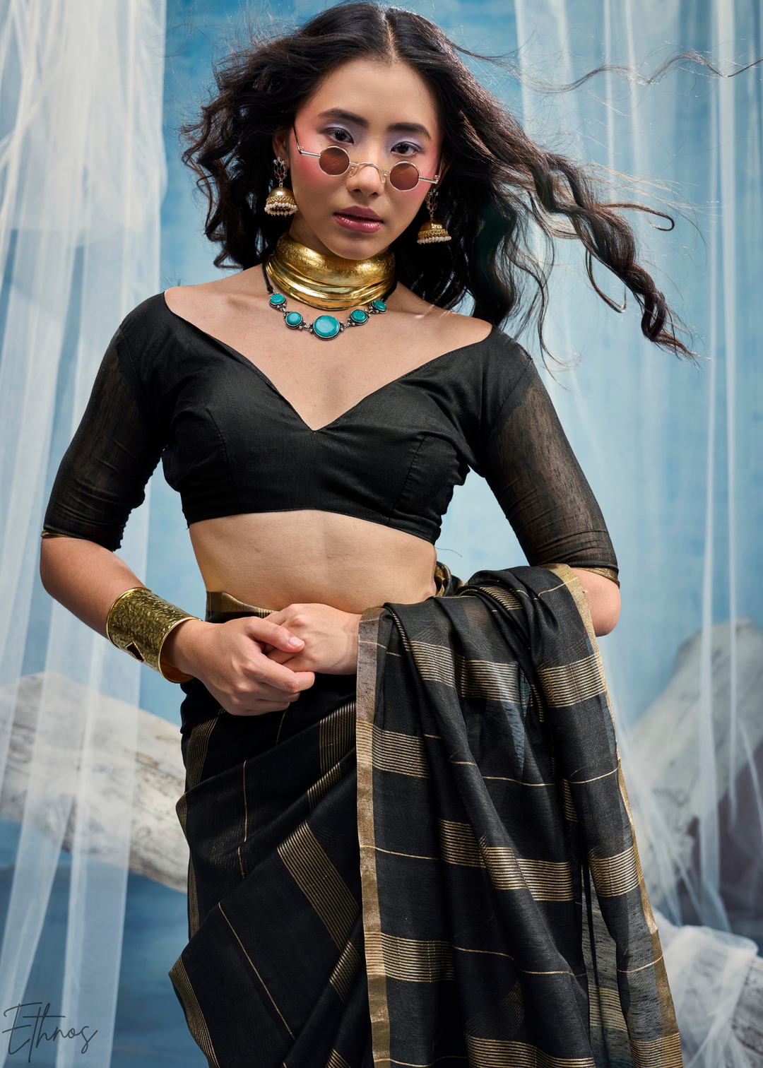 Obsidian Filigree Jamdani Pallu Munga Cotton Saree