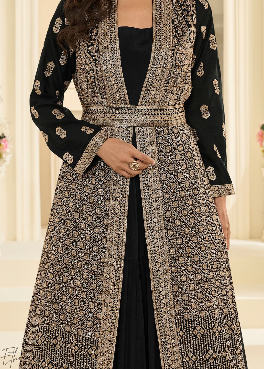 Obsidian Imperial Vine Chinon Silk Jacket Gown Set