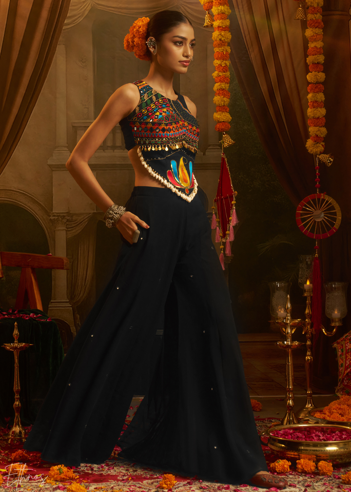 Obsidian Lotus Embroidered Georgette Palazzo Suit