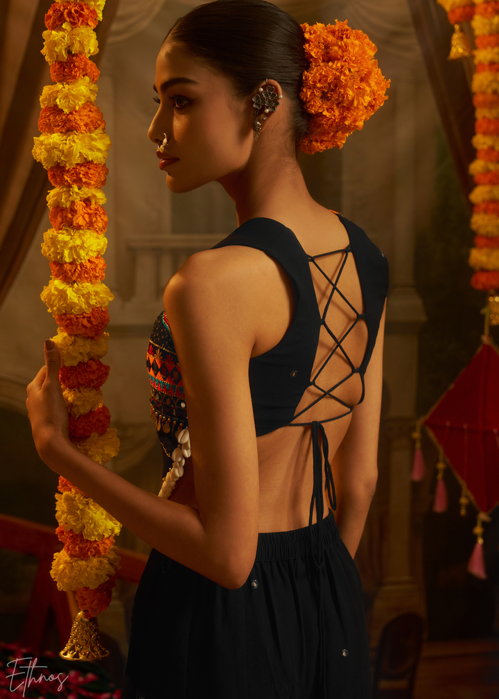 Obsidian Lotus Embroidered Georgette Palazzo Suit