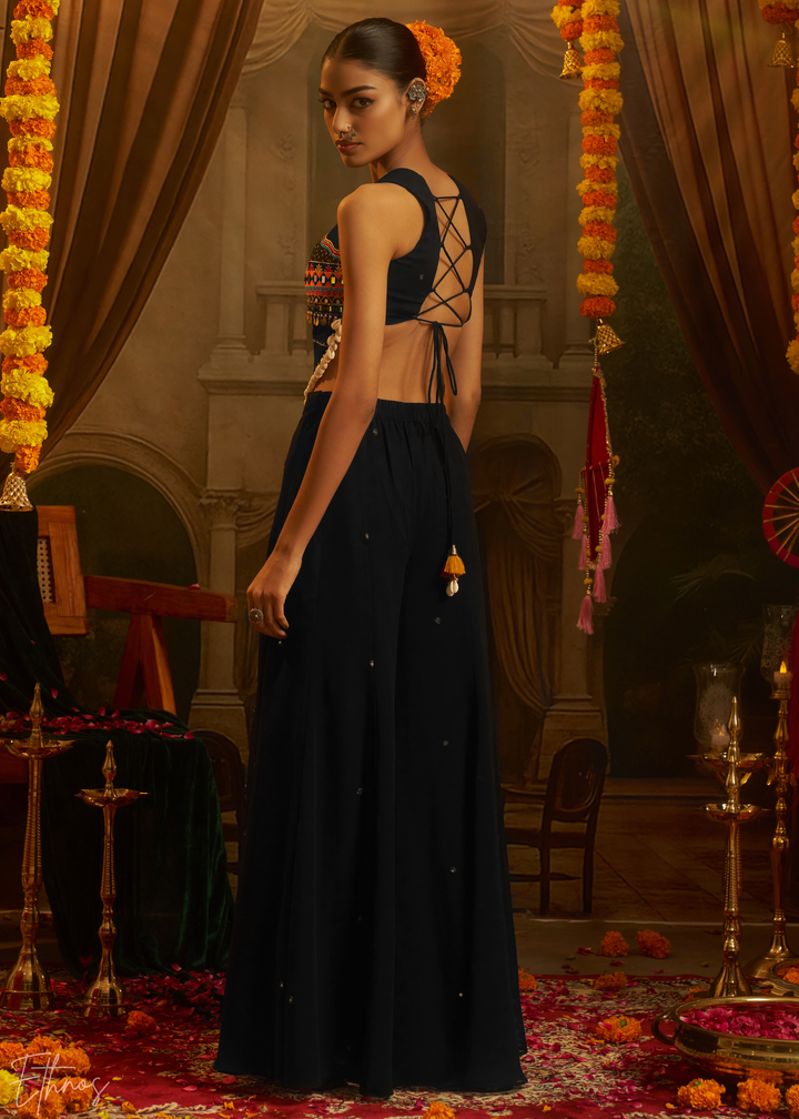 Obsidian Lotus Embroidered Georgette Palazzo Suit