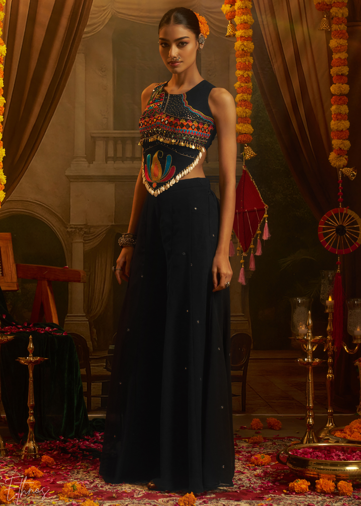 Obsidian Lotus Embroidered Georgette Palazzo Suit