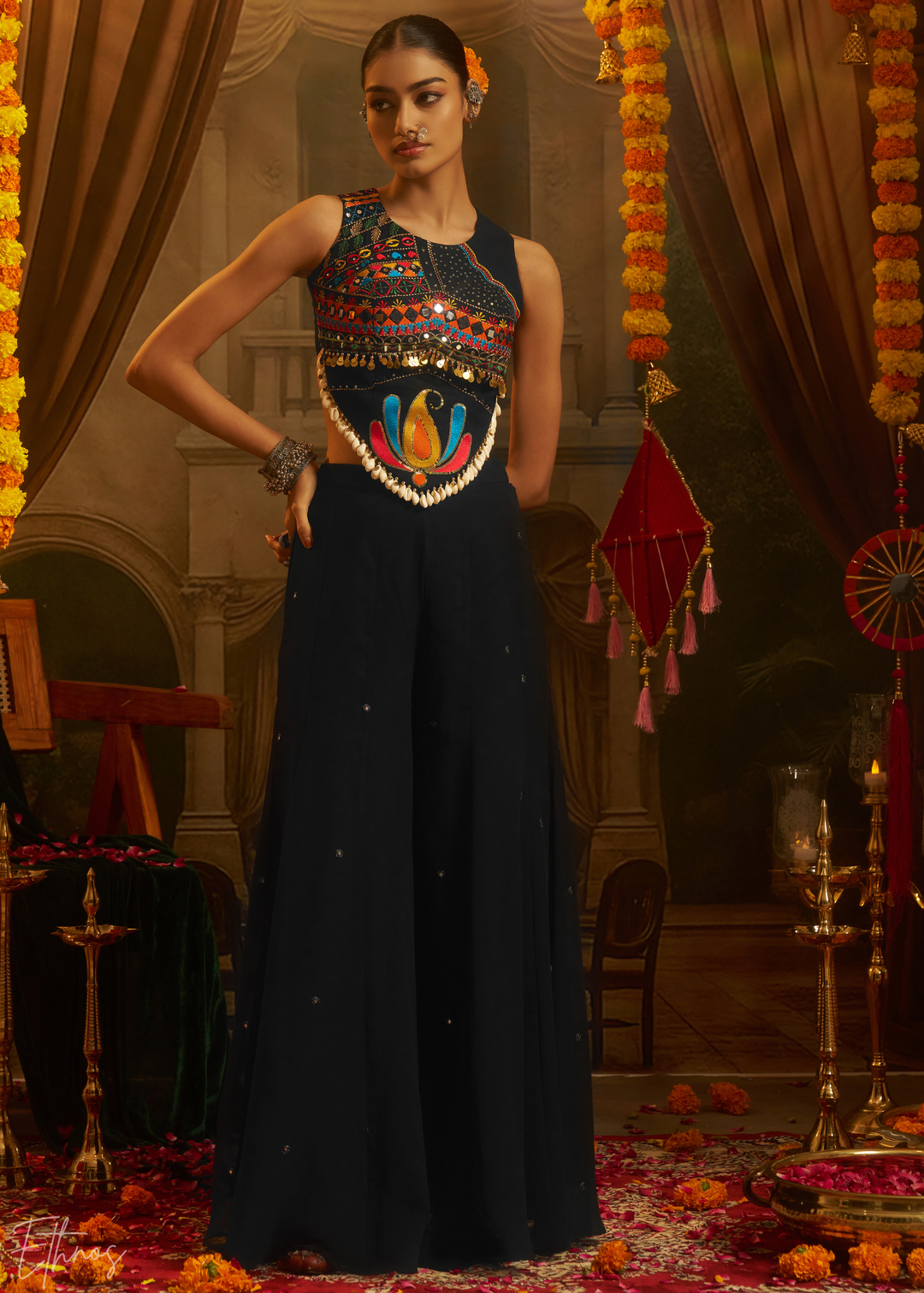 Obsidian Lotus Embroidered Georgette Palazzo Suit