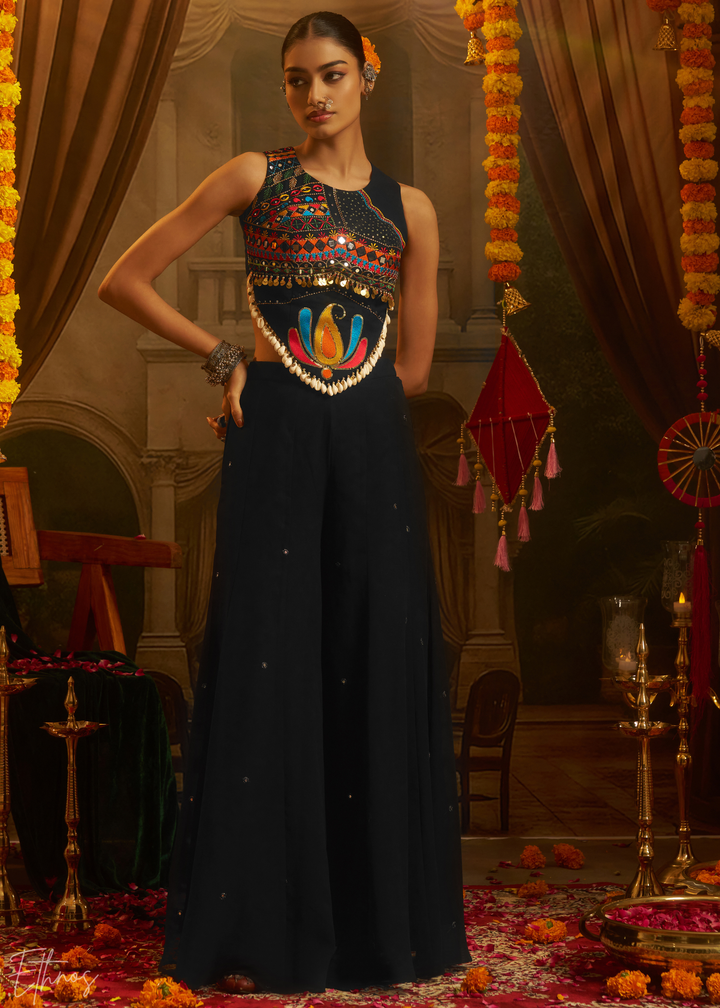 Obsidian Lotus Embroidered Georgette Palazzo Suit