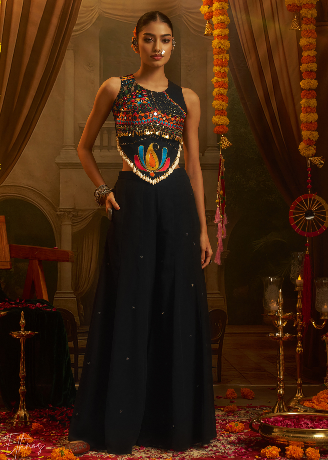 Obsidian Lotus Embroidered Georgette Palazzo Suit