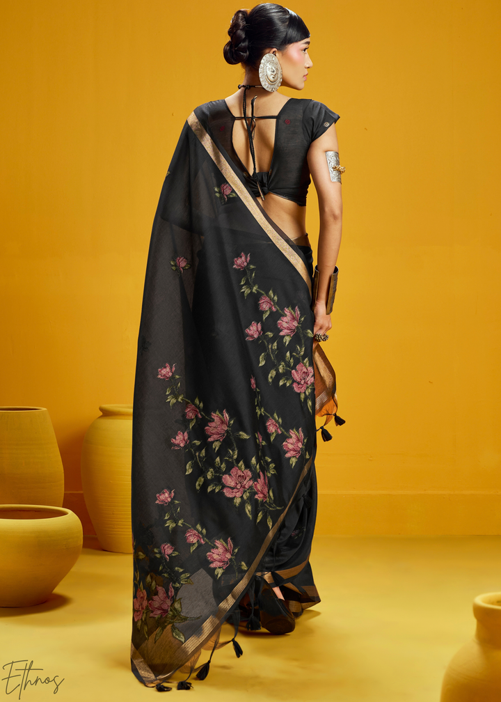 Obsidian Lotus Jamdani Pallu Munga Cotton Saree