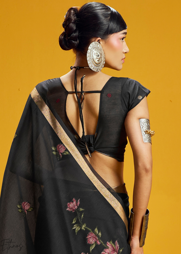 Obsidian Lotus Jamdani Pallu Munga Cotton Saree