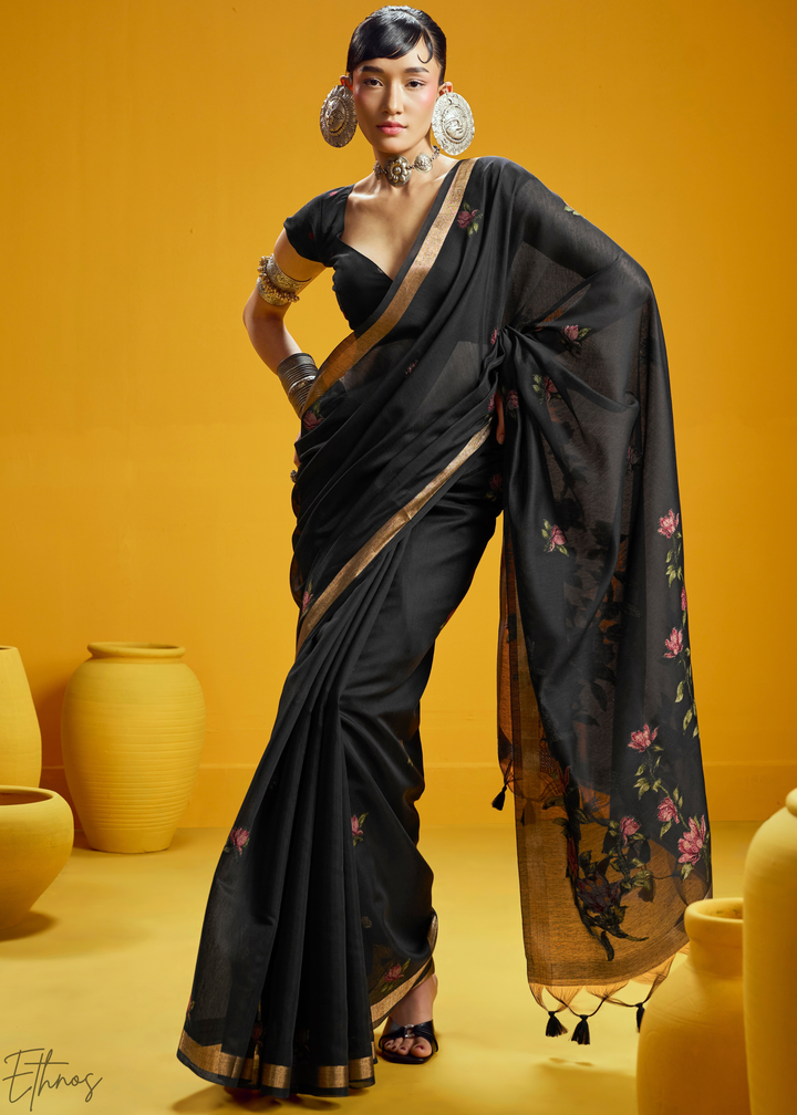 Obsidian Lotus Jamdani Pallu Munga Cotton Saree