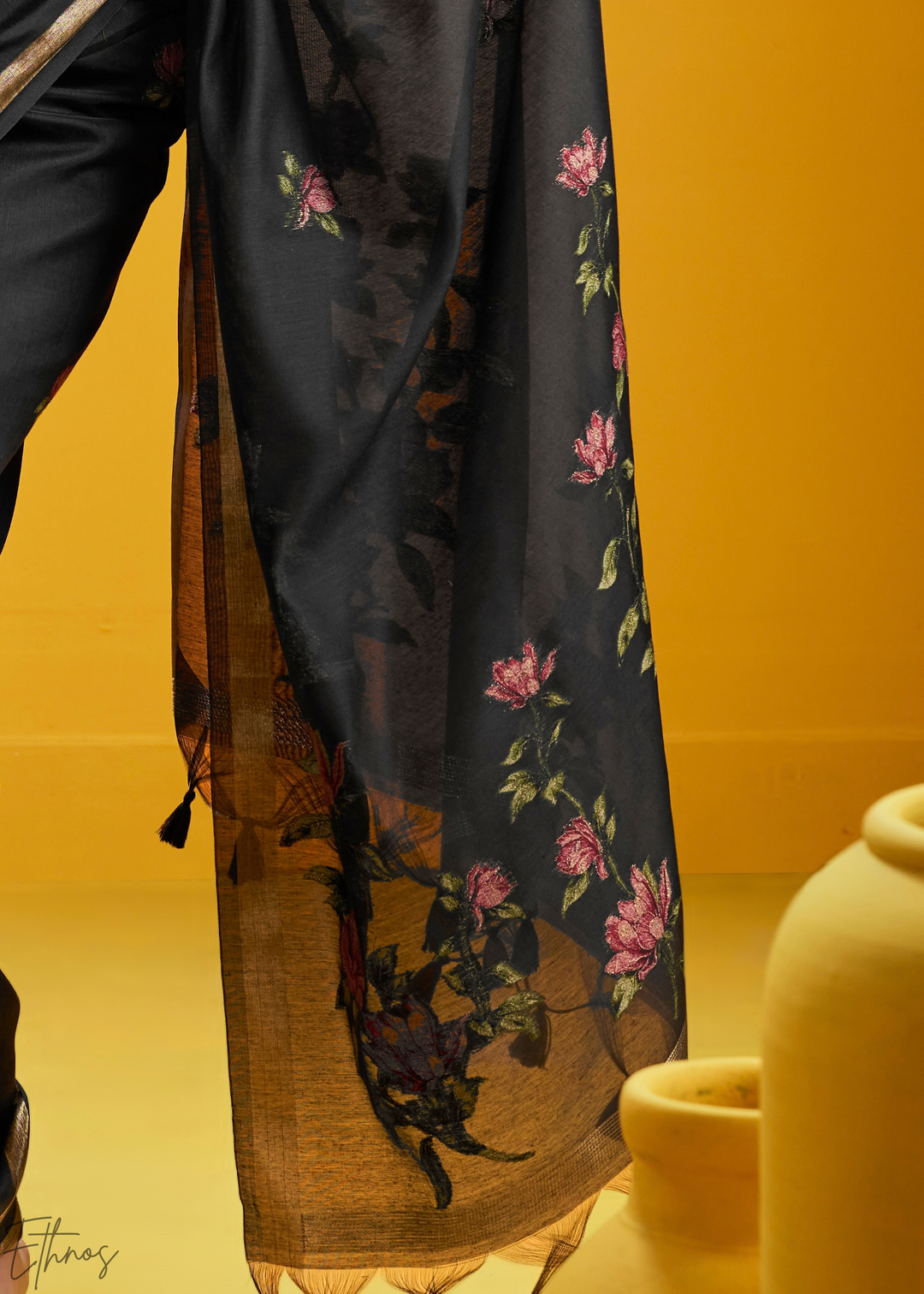 Obsidian Lotus Jamdani Pallu Munga Cotton Saree