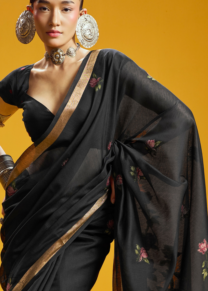 Obsidian Lotus Jamdani Pallu Munga Cotton Saree
