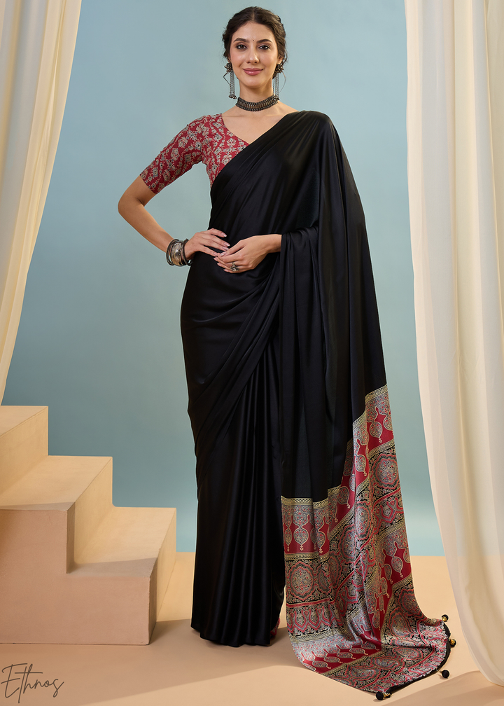 Obsidian Black Modal Silk Ajrakh Border Saree