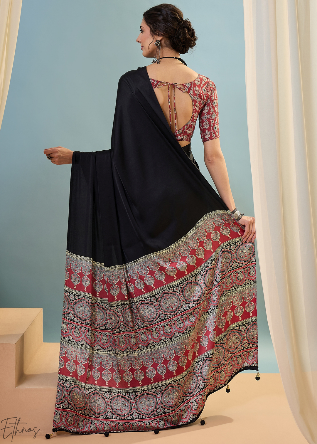 Obsidian Black Modal Silk Ajrakh Border Saree