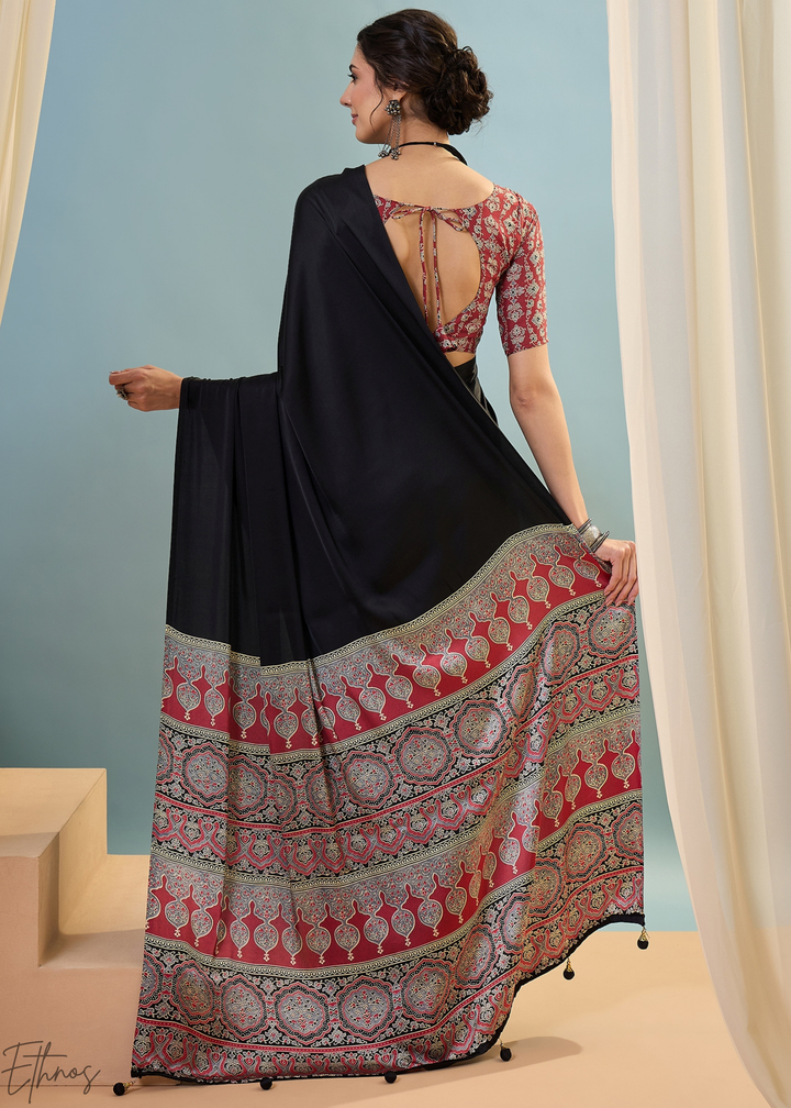 Obsidian Black Modal Silk Ajrakh Border Saree
