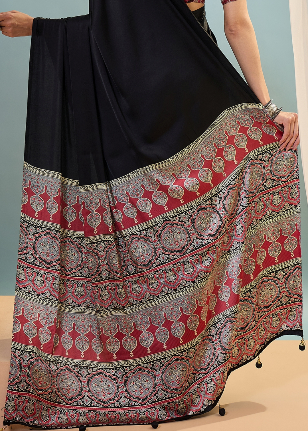 Obsidian Black Modal Silk Ajrakh Border Saree