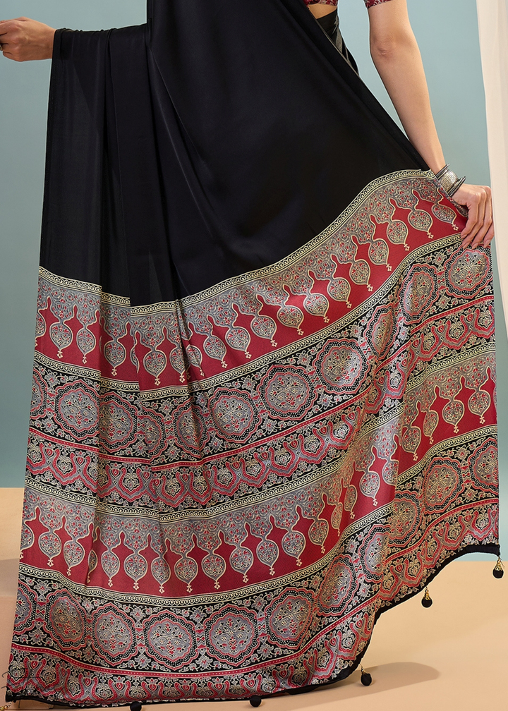 Obsidian Black Modal Silk Ajrakh Border Saree