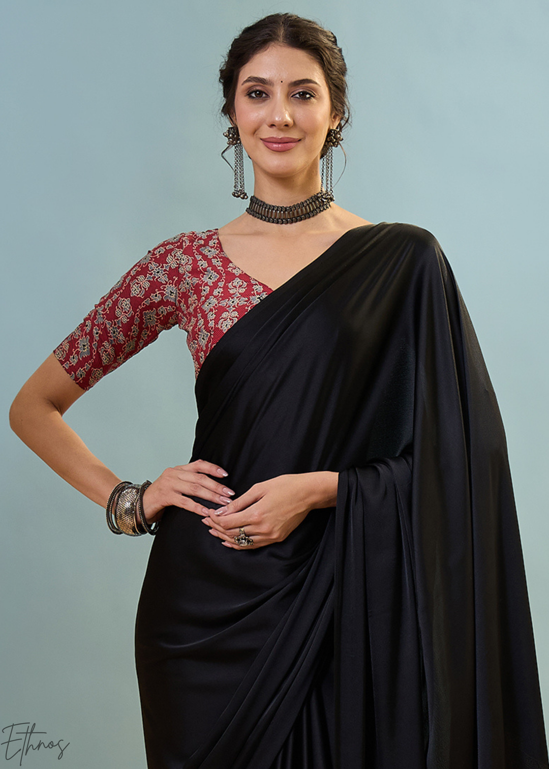 Obsidian Black Modal Silk Ajrakh Border Saree