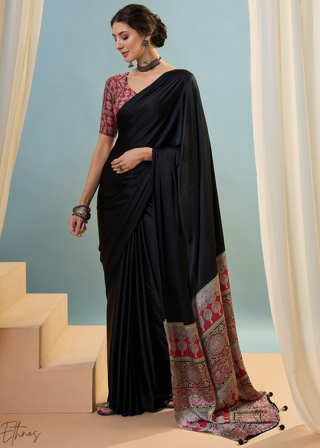 Obsidian Black Modal Silk Ajrakh Border Saree