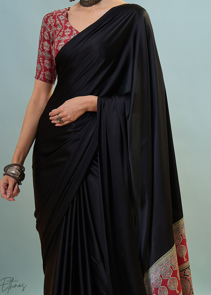 Obsidian Black Modal Silk Ajrakh Border Saree