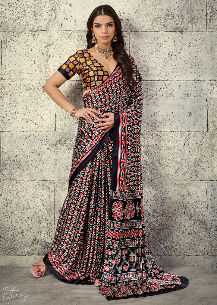 Obsidian Black Ajrakh Printed Modal Satin Saree