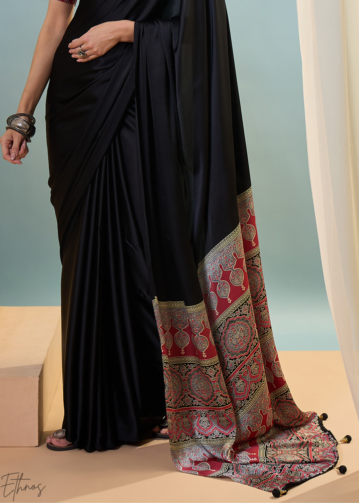 Obsidian Black Modal Silk Ajrakh Border Saree