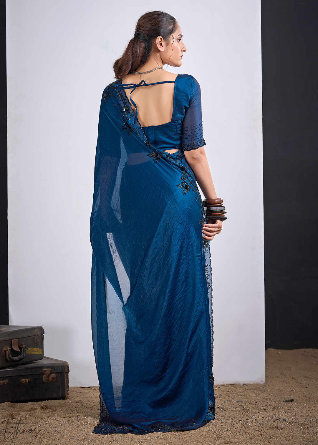 Ocean Jasper Cutdana Fendy Satin Silk Saree