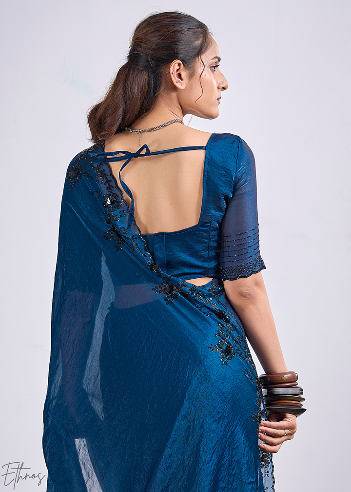 Ocean Jasper Cutdana Fendy Satin Silk Saree