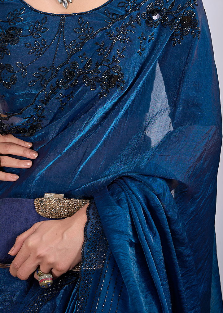 Ocean Jasper Cutdana Fendy Satin Silk Saree