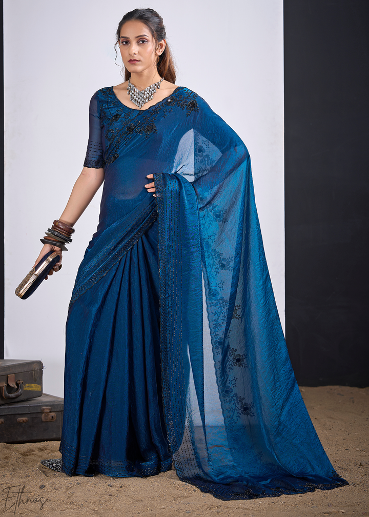 Ocean Jasper Cutdana Fendy Satin Silk Saree