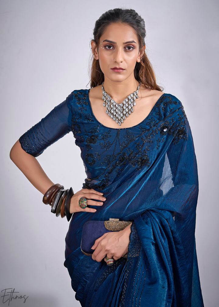 Ocean Jasper Cutdana Fendy Satin Silk Saree