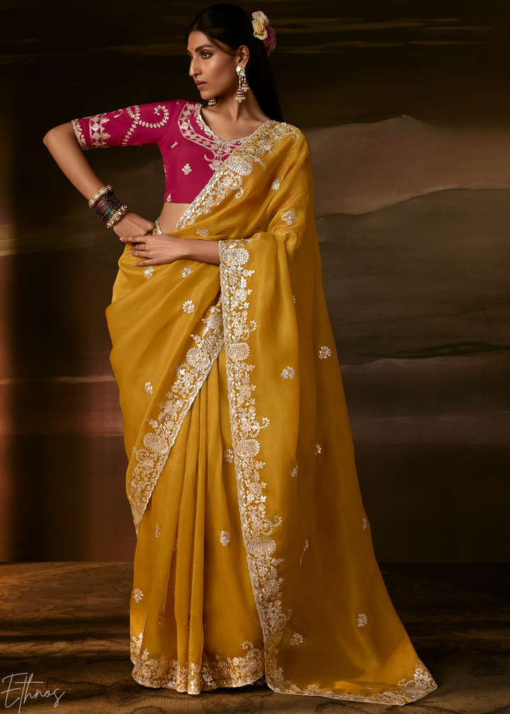 Ochre Gold Cutwork Scallop Border Organza Saree