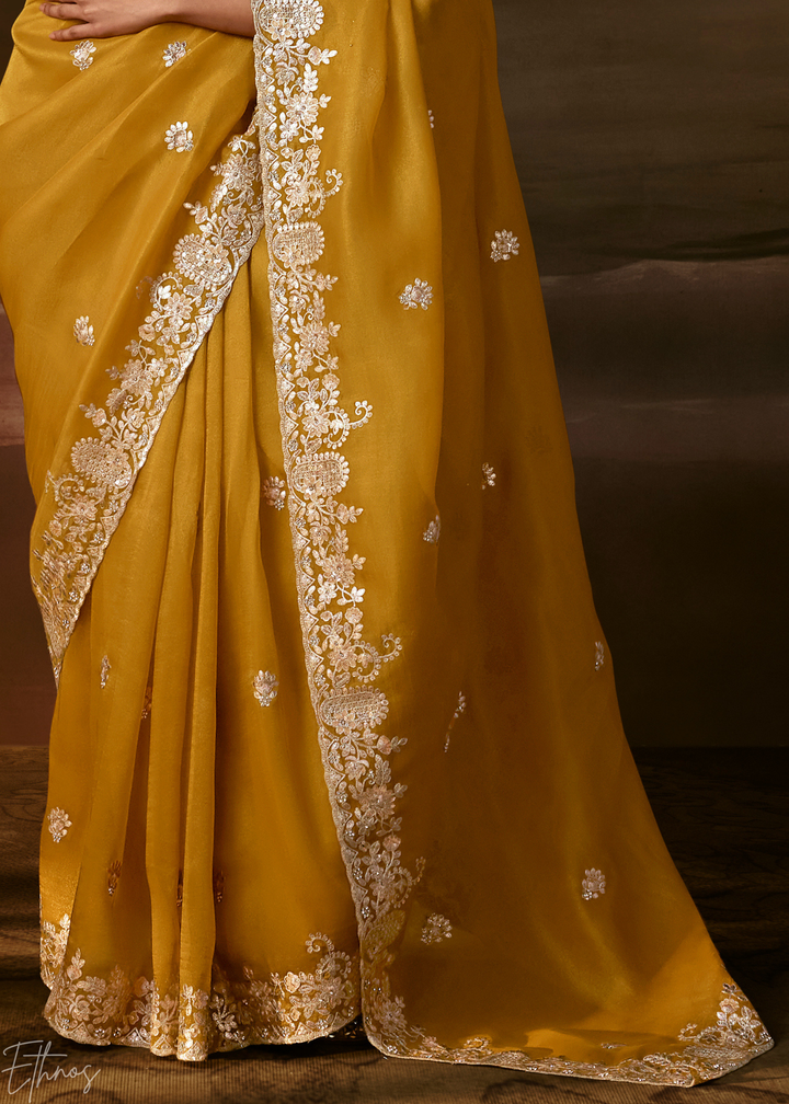 Ochre Gold Cutwork Scallop Border Organza Saree