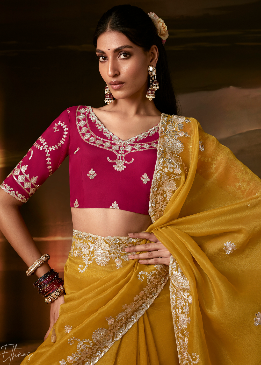 Ochre Gold Cutwork Scallop Border Organza Saree